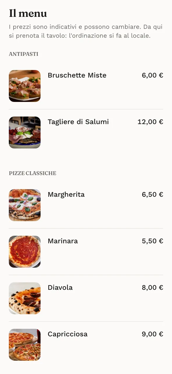 Il menu di una pizzeria sulla pagina di prenotazione, con foto e prezzo per ogni piatto