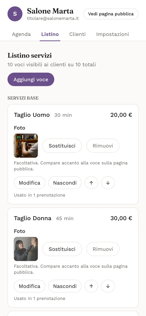 Il listino dei servizi nel pannello del titolare, con i pulsanti per modificare prezzo e durata