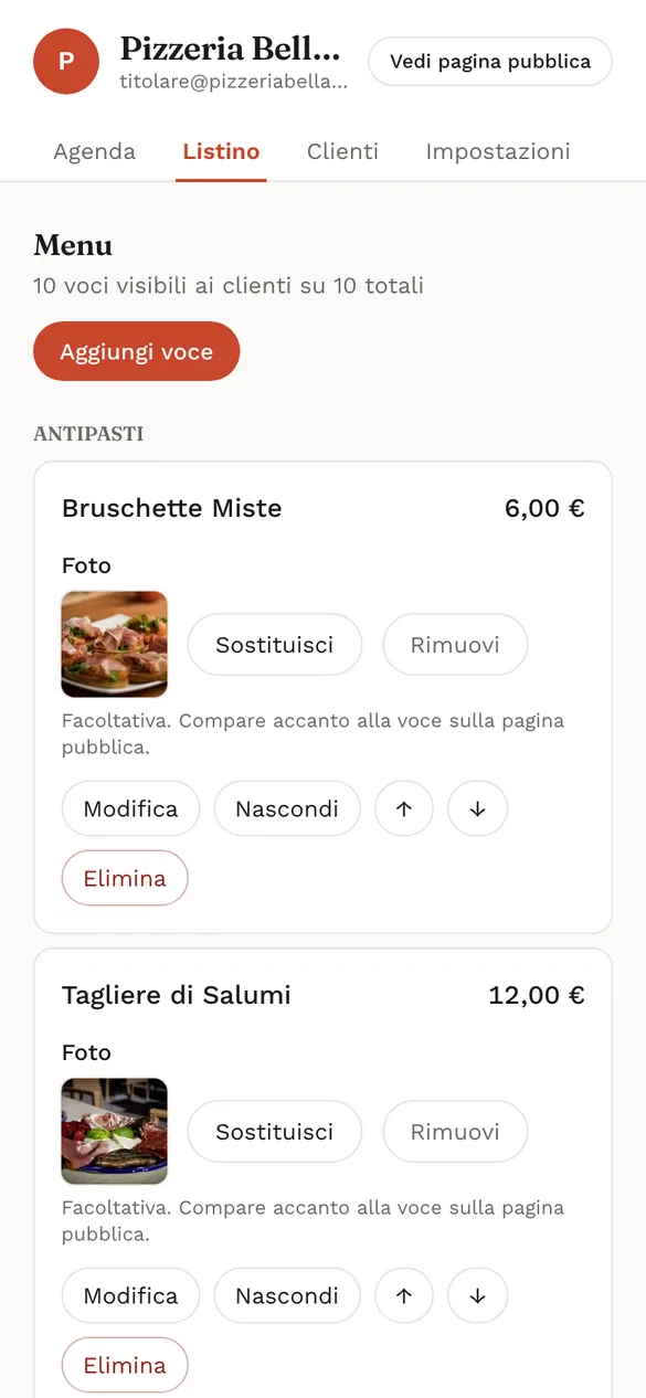 Il menu di una pizzeria nel pannello del titolare, con i pulsanti per modificare ogni piatto