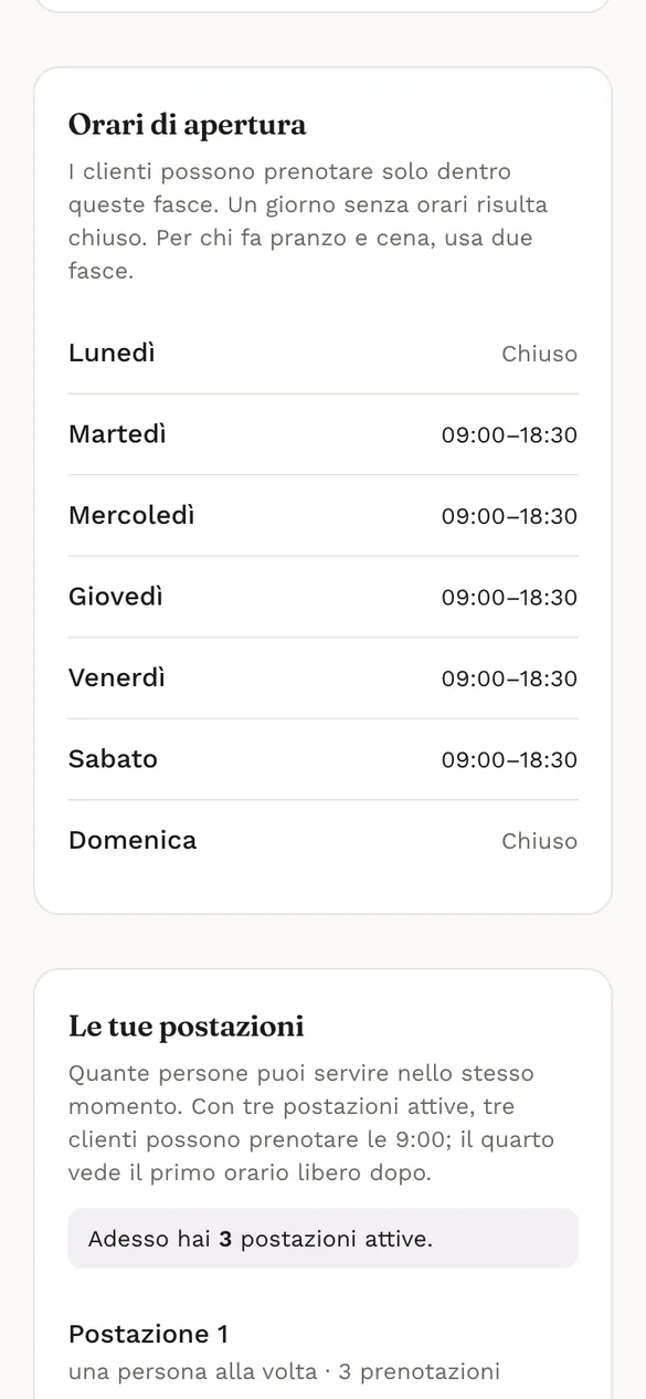 Gli orari di apertura giorno per giorno e il numero di postazioni attive